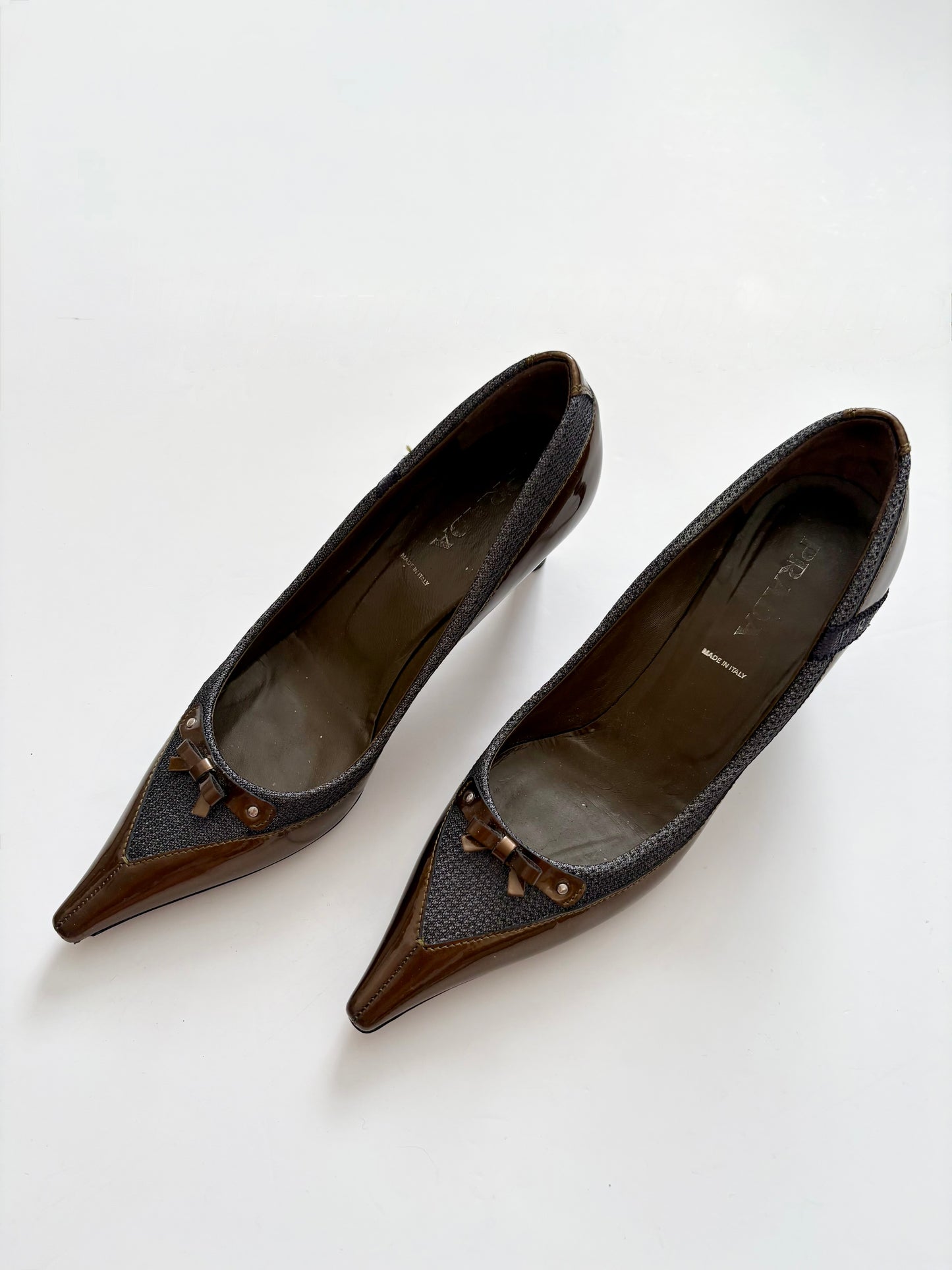 Prada gold and grey kitten heels