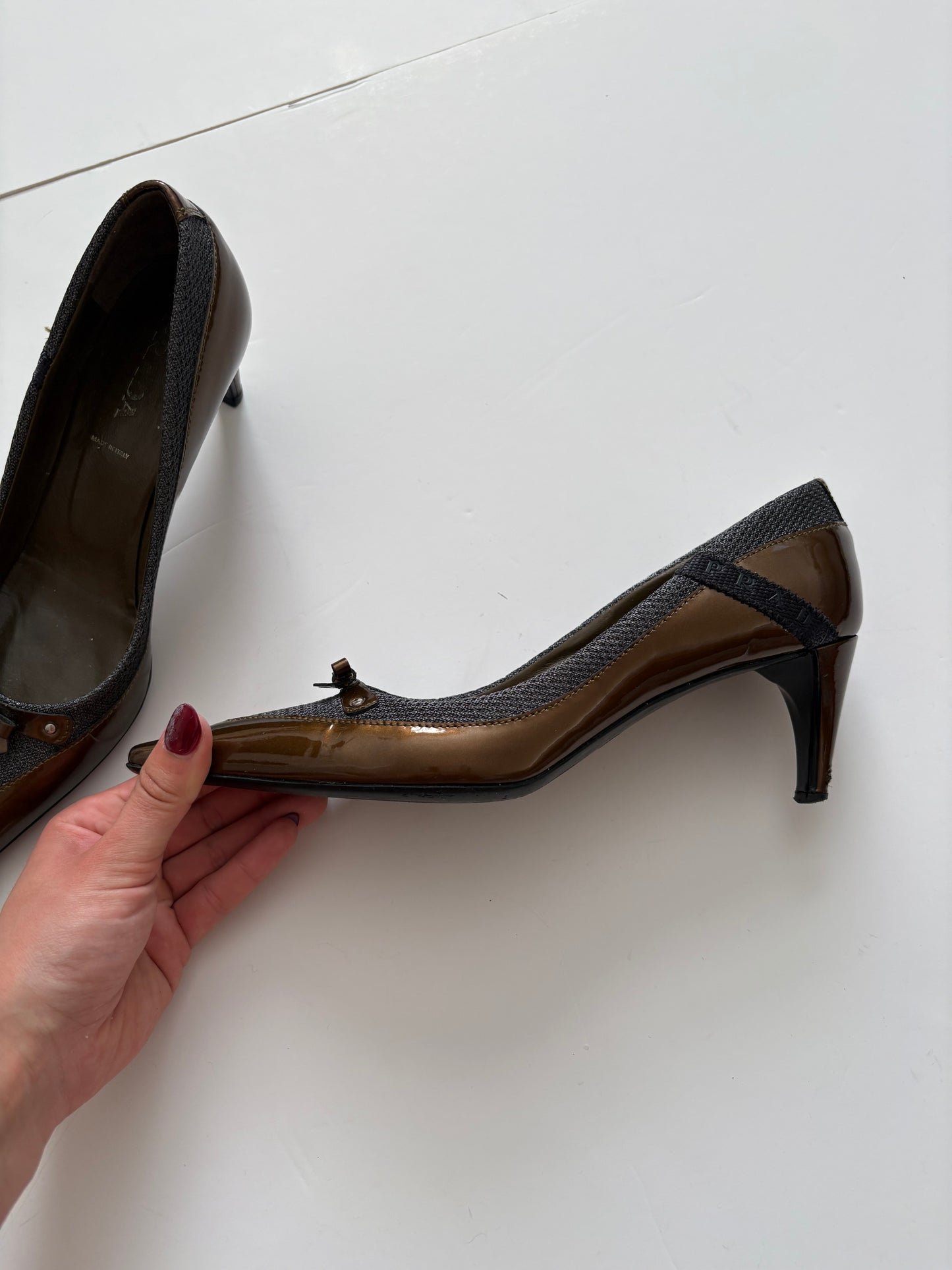 Prada gold and grey kitten heels