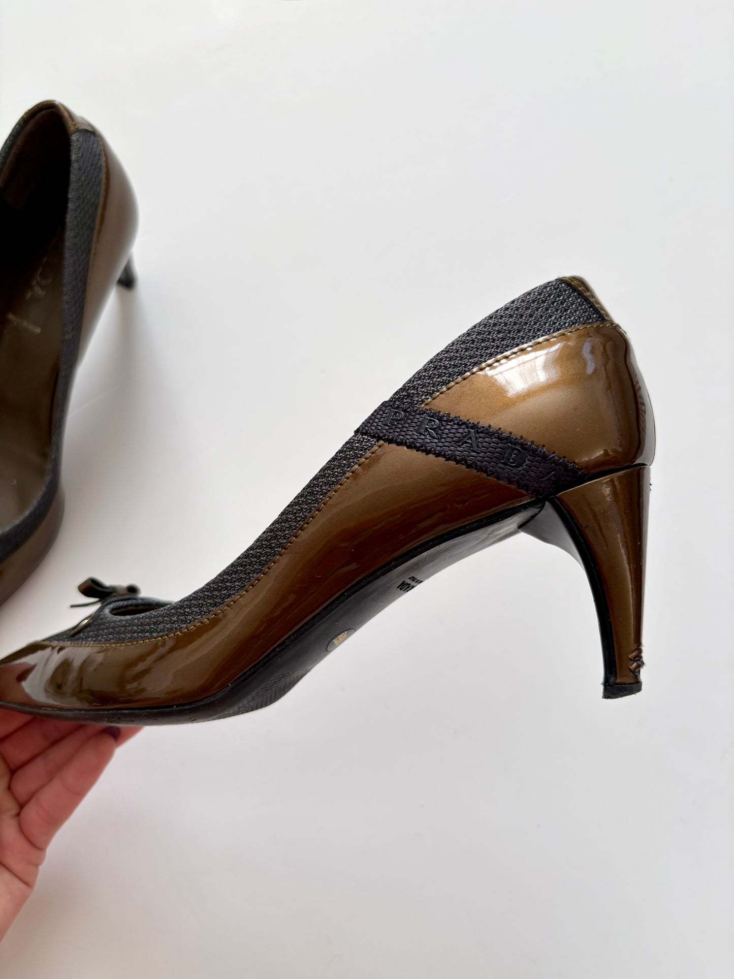 Prada gold and grey kitten heels