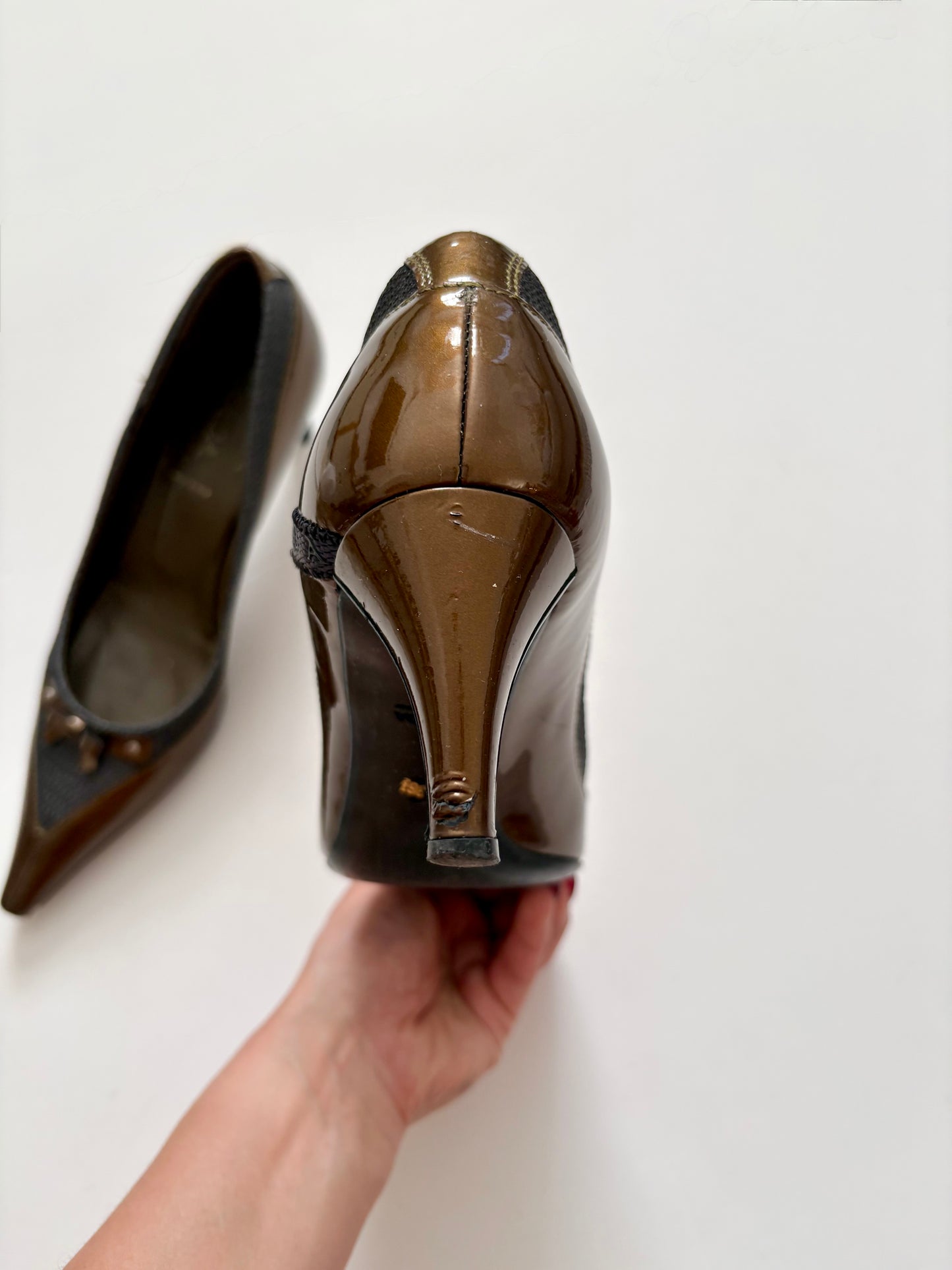 Prada gold and grey kitten heels