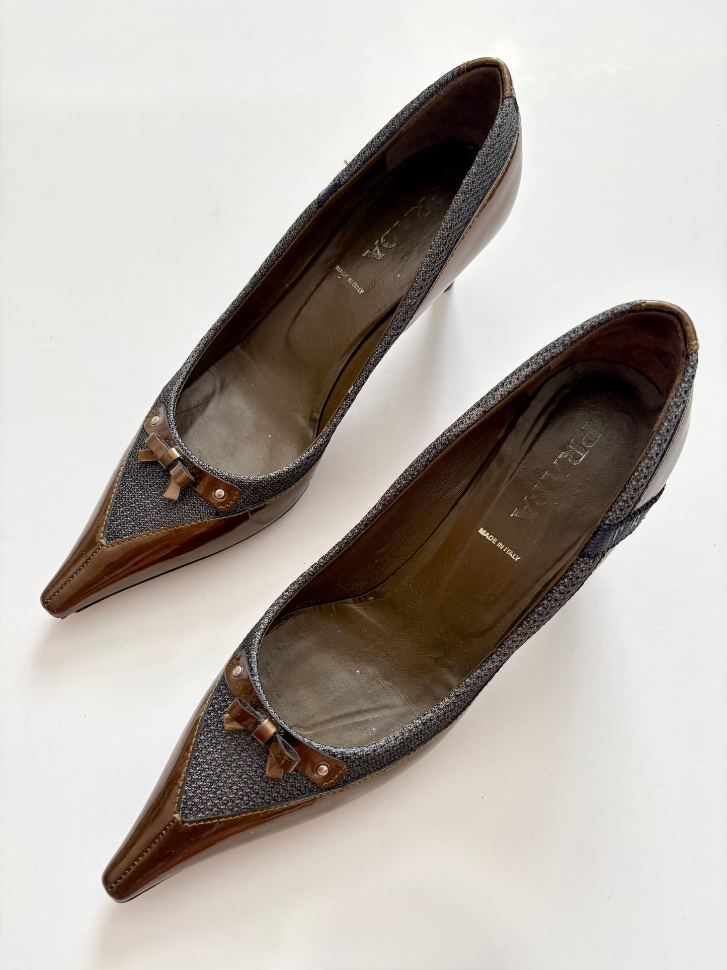 Prada gold and grey kitten heels