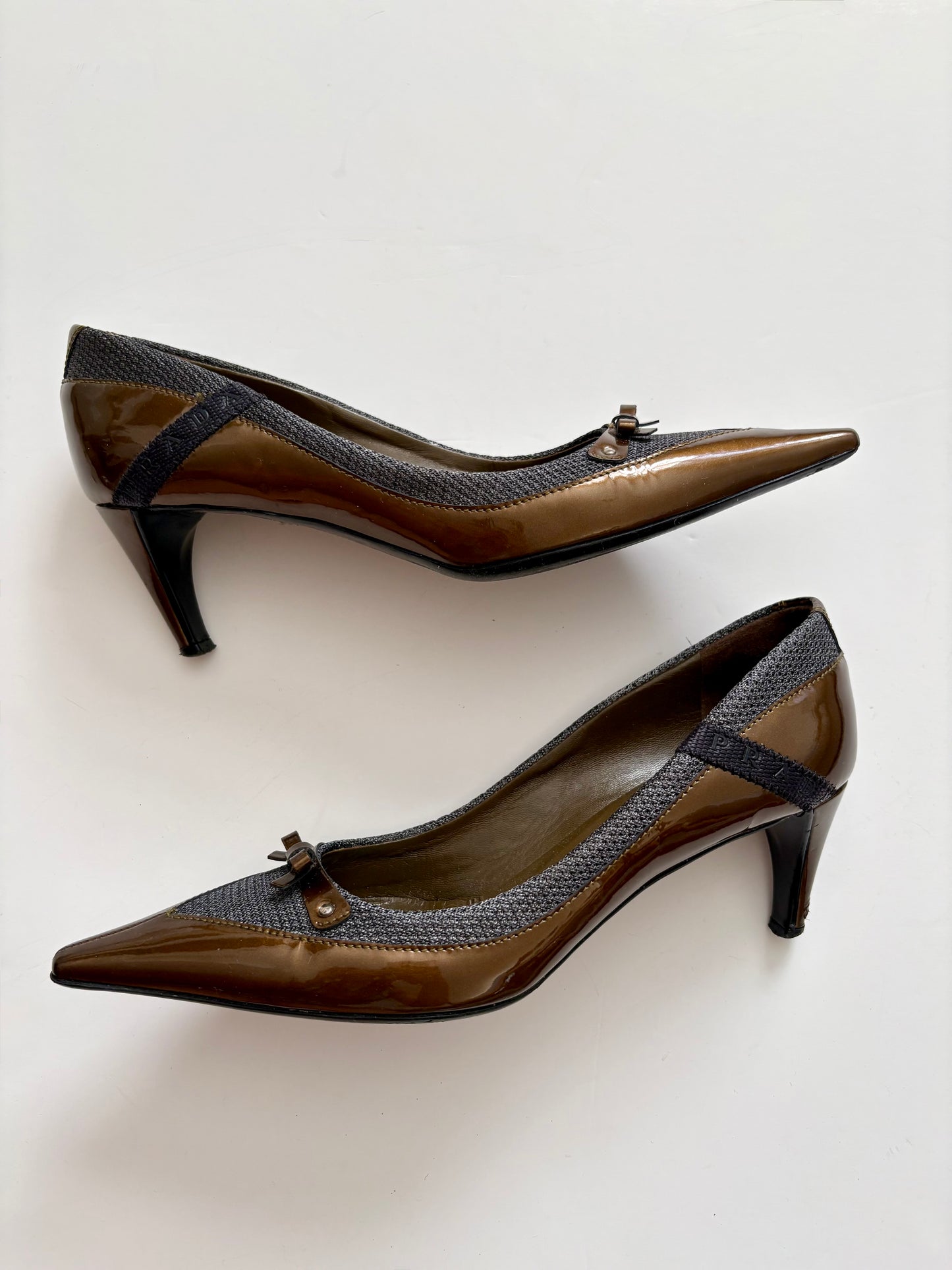 Prada gold and grey kitten heels
