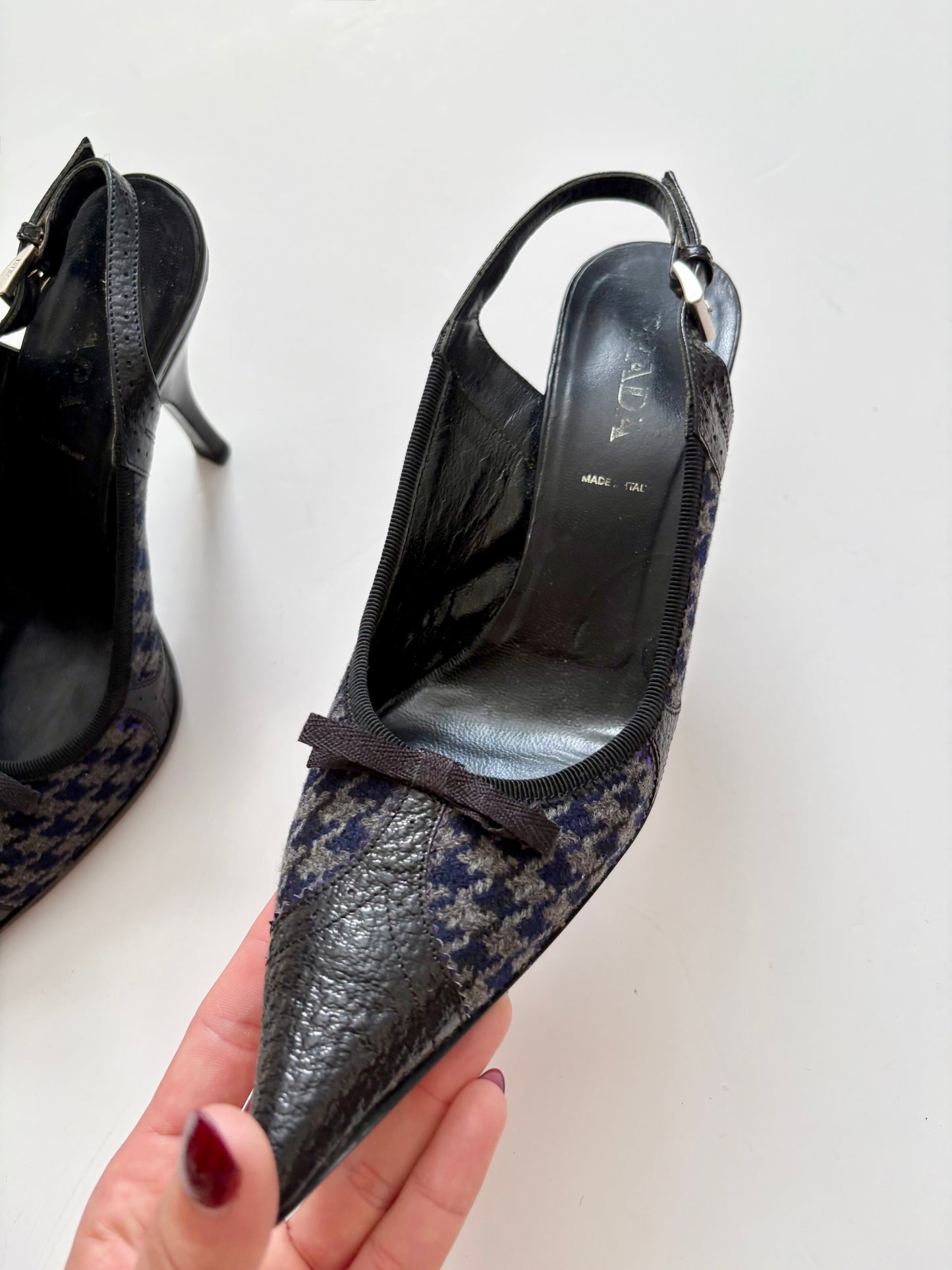 Prada houndstooth tweed slingback heels