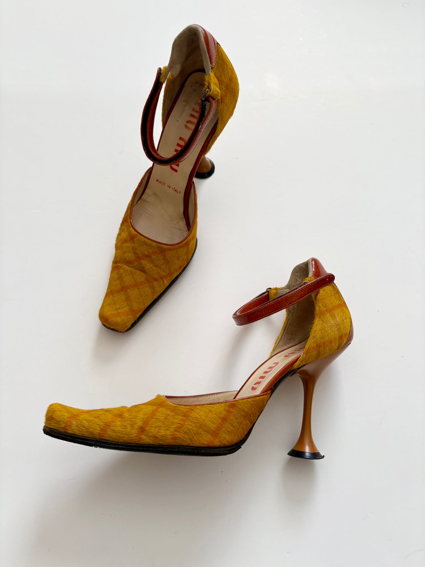 Miu Miu FW1999 pony hair plaid heels