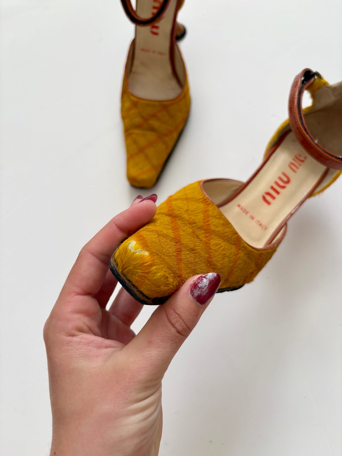 Miu Miu FW1999 pony hair plaid heels