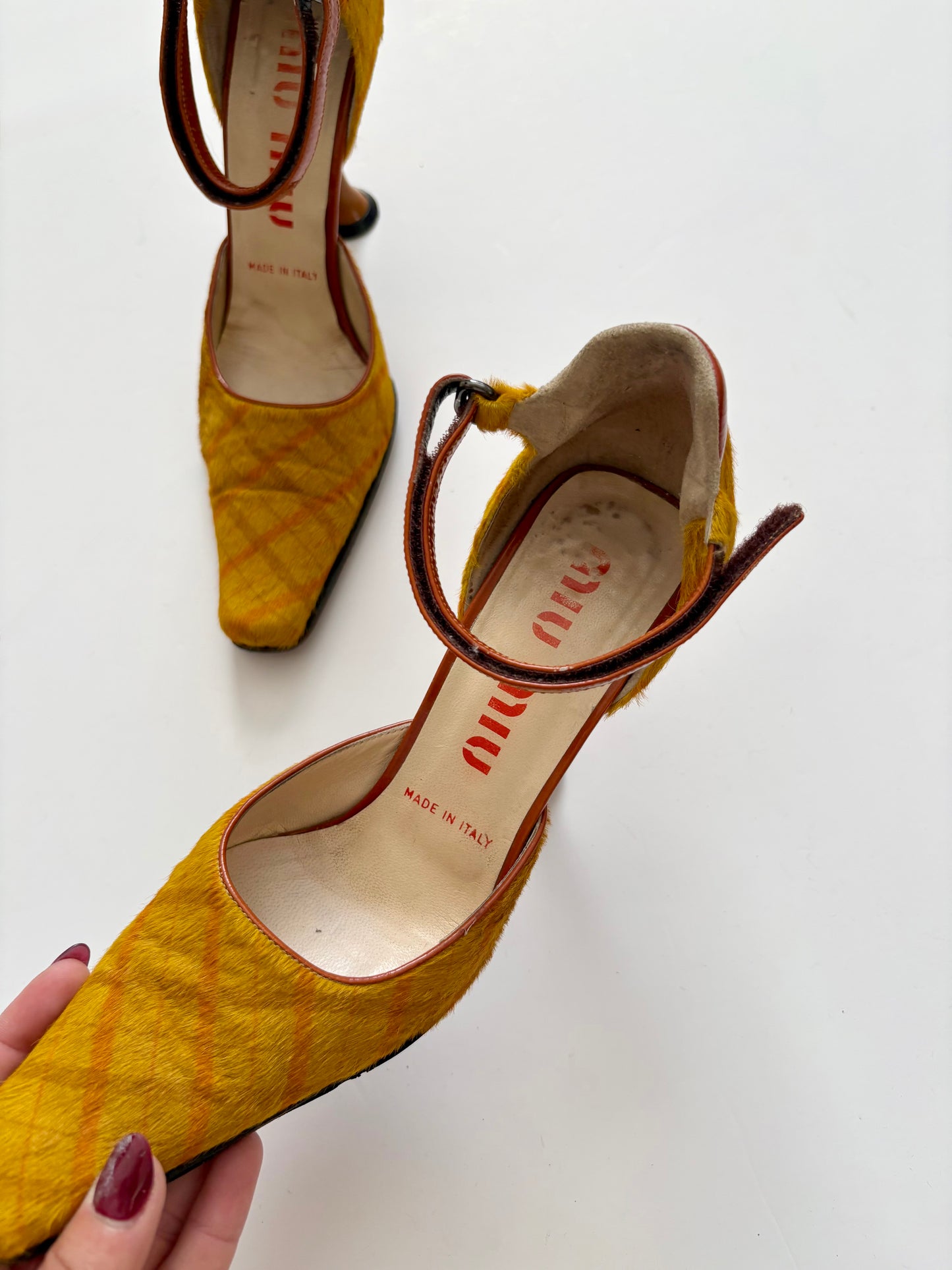 Miu Miu FW1999 pony hair plaid heels