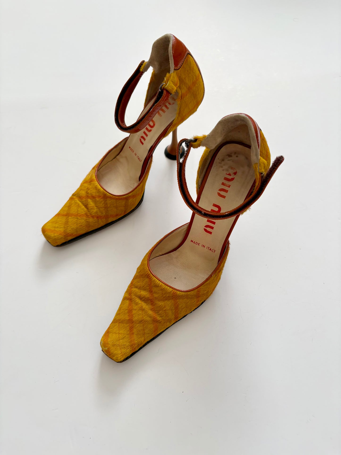 Miu Miu FW1999 pony hair plaid heels